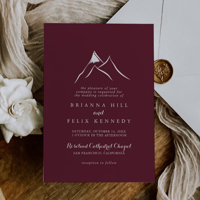 Burgundy Red White Silhouette Mountain Wedding  Invitation (Creator Uploaded)