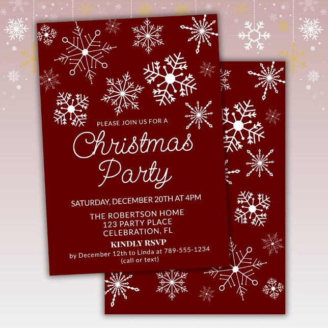 Burgundy Red White Snowflakes Christmas Party Invitation (Creator Uploaded)