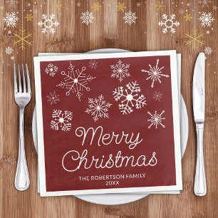 Burgundy Red White Snowflakes Christmas Party Napkin