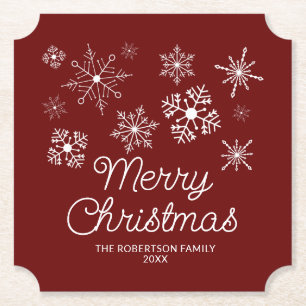 Burgundy Red White Snowflakes Christmas Party Paper Coaster