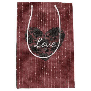 Burgundy Red White Stripes Black Faux Lace Heart  Medium Gift Bag