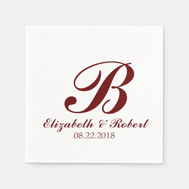Burgundy Red White Wedding Monogram Napkin (Front)