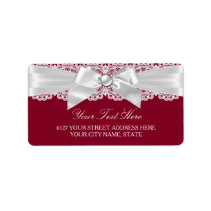 Burgundy Red White Wedding Pearl Bow Address Label