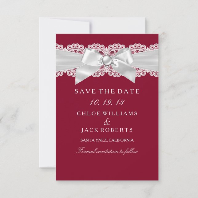 Burgundy Red White Wedding Pearl Bow Save The Date (Front)