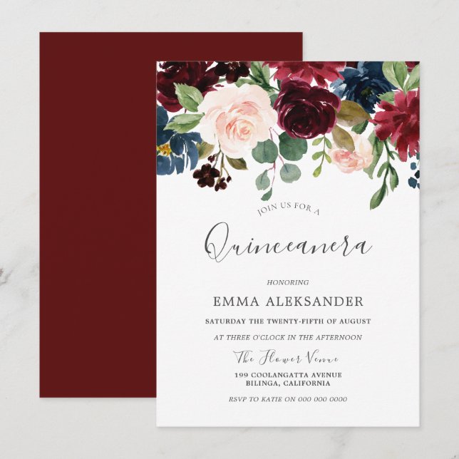 Burgundy Red Wine Beautiful Quinceanera Invite (Front/Back)