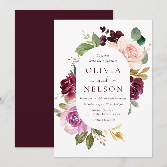 Burgundy Red Wine & Blush Floral Frame Wedding Invitation (Front/Back)