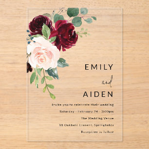 Burgundy Red Wine & Blush Floral Wedding Acrylic Invitations