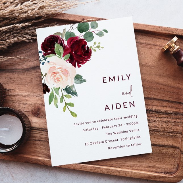 Burgundy Red Wine & Blush Floral Wedding Invitation (Creator Uploaded)
