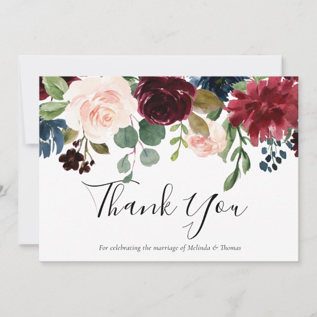 Burgundy Red Wine & Blush Floral Wedding Thank You Card (Front)