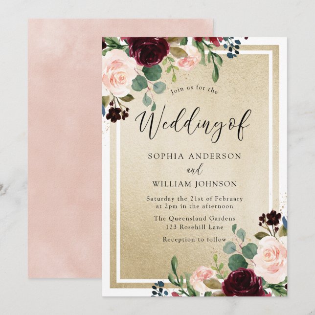 Burgundy Red Wine Blush Flowers & Gold Wedding Invitation (Front/Back)