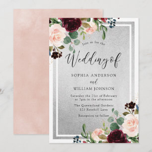 Burgundy Red Wine Blush Flowers & Silver Wedding Invitation
