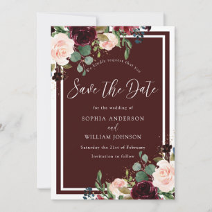 Burgundy Red Wine & Blush Flowers Wedding Save The Date