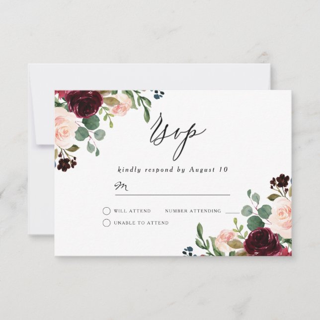 Burgundy Red Wine & Blush Modern Wedding RSVP Card (Front)