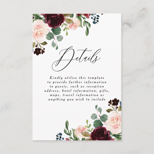 Burgundy Red Wine Blush Wedding Details Reception Enclosure Card (Front)