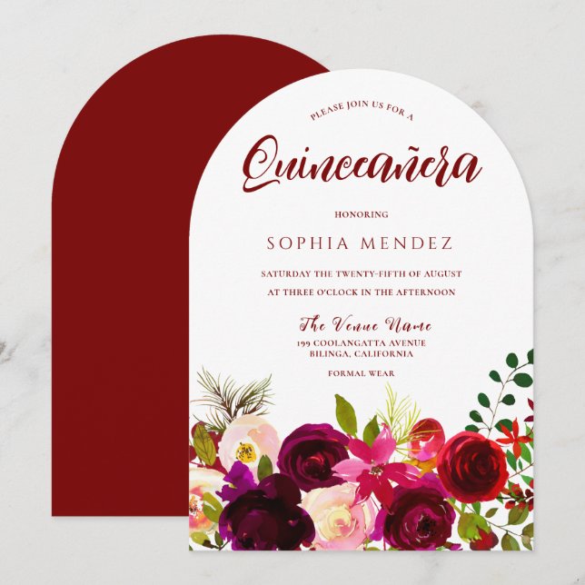 Burgundy Red Wine Boho Floral Quinceanera Invitation (Front/Back)