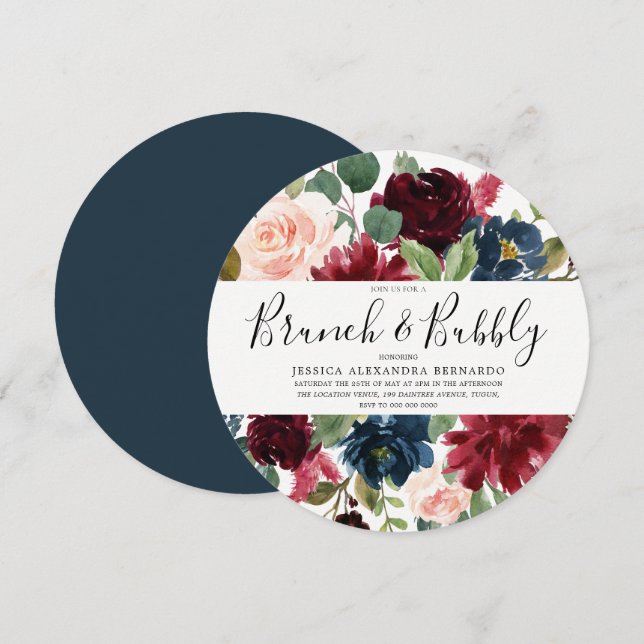 Burgundy Red Wine Brunch & Bubbly Bridal Shower Invitation (Front/Back)