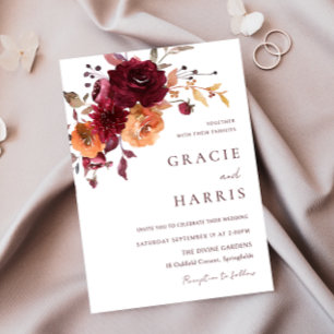 Burgundy Red Wine Burnt Orange Fall Wedding  Invitation