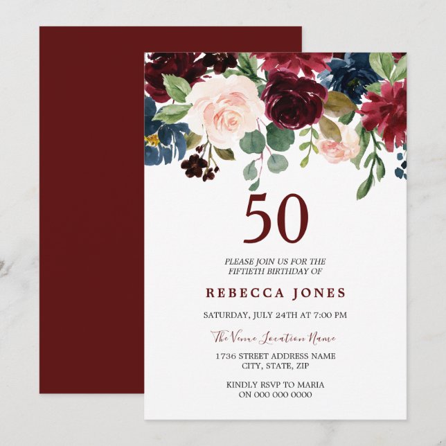 Burgundy Red Wine Floral 50th Birthday Invite (Front/Back)