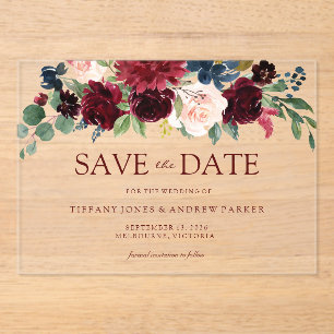 Burgundy Red Wine Floral Save the date Acrylic Invitations