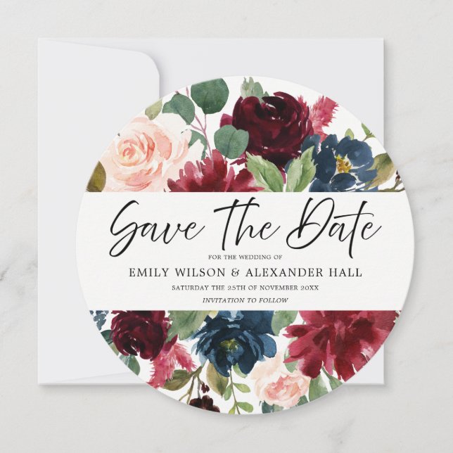 Burgundy Red Wine Floral Script Photo Wedding Save The Date (Front)