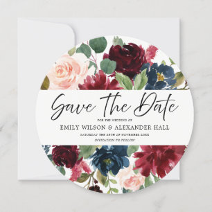 Burgundy Red Wine Floral Script Photo Wedding Save The Date