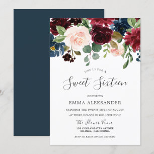 Burgundy Red Wine Floral Sweet 16 Invite