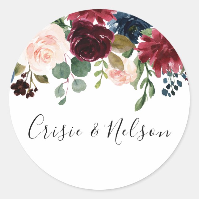 Burgundy Red Wine Floral Wedding Engagement Party Classic Round Sticker (Front)