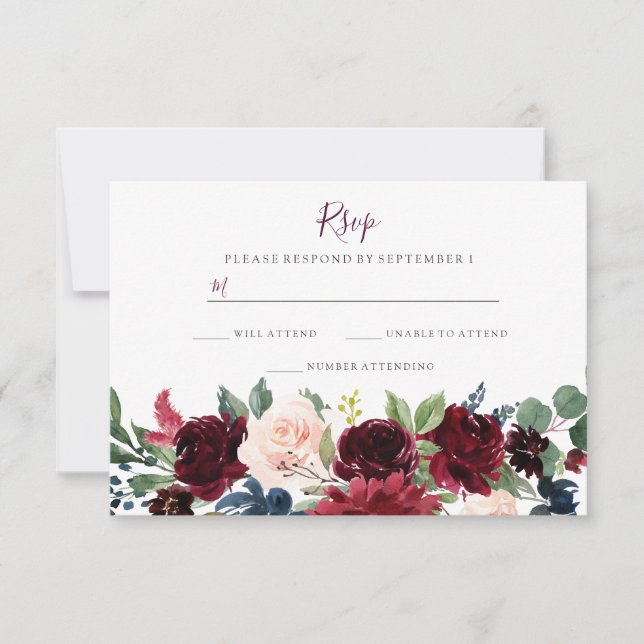 Burgundy Red Wine Flowers Elegant Wedding RSVP (Front)