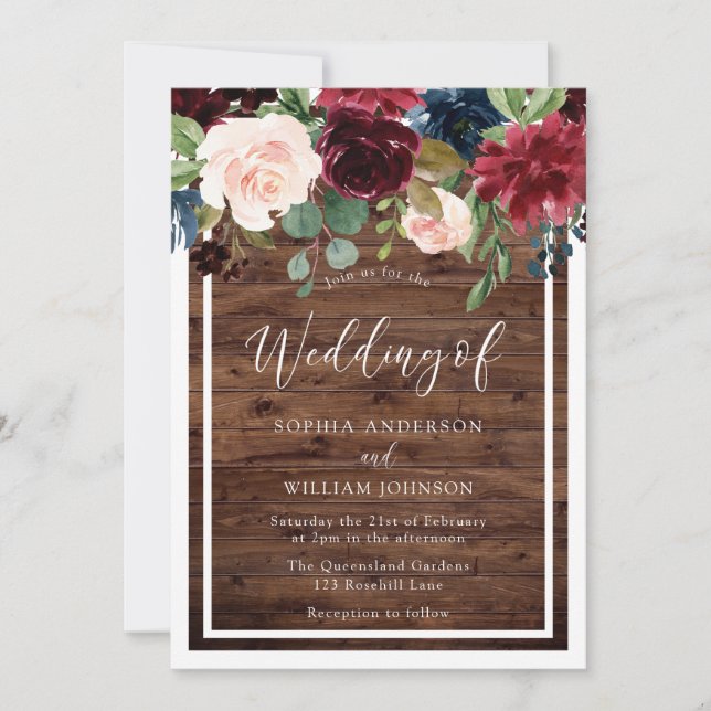 Burgundy Red Wine Flowers Rustic Wood Wedding Invitation (Front)