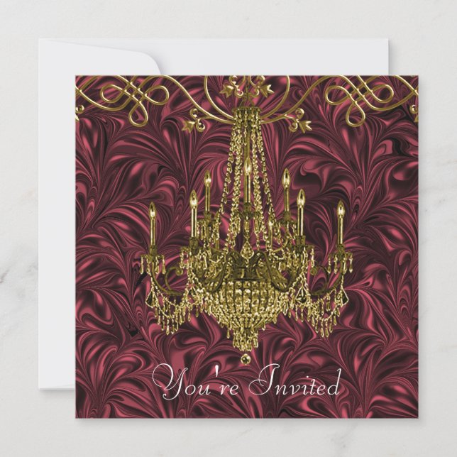 Burgundy Red Wine Gold Chandelier Party Invitation (Front)