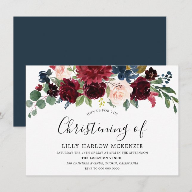 Burgundy Red Wine Modern Christening Invitation (Front/Back)