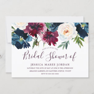Burgundy Red Wine & Navy Floral Bridal Shower Invitation