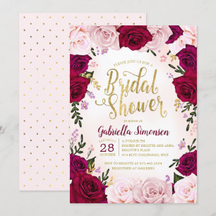 Burgundy Red Wine Pink Roses Bridal Shower Invitation