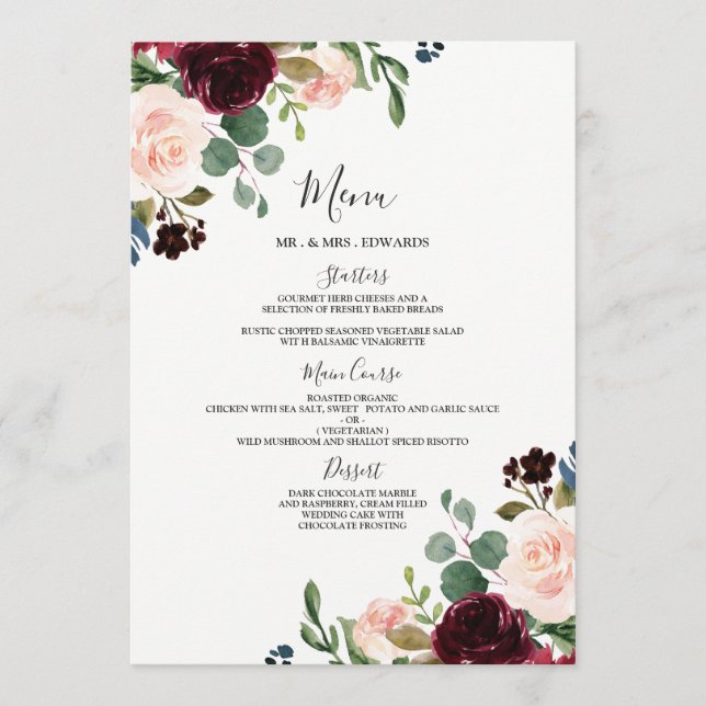 Burgundy Red Wine Watercolor Floral All Occasions Menu (Front)