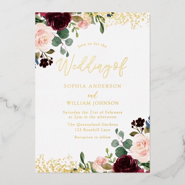 Burgundy Red Wine Wedding Golden Sparkle  (Front)