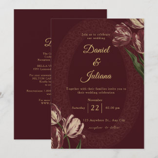 Burgundy Red Wine White Floral Wedding Invitation