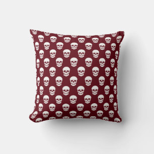 Burgundy Red With White Skull Pattern Halloween Cushion