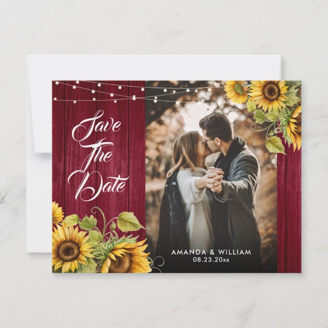 Burgundy Red Wood Sunflower Wedding Photo Save The Date (Front)