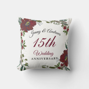 Burgundy Red Wreath 15th Wedding Anniversary Gift Cushion