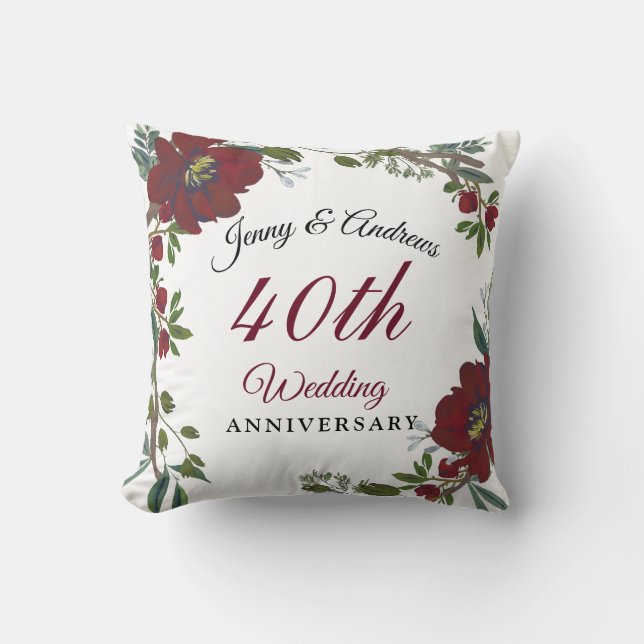 Burgundy Red Wreath 40th Wedding Anniversary Gift Cushion (Front)
