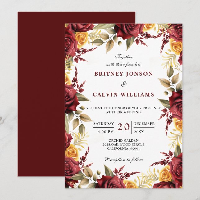 Burgundy Red Yellow Roses Floral Elegant Wedding Invitation (Front/Back)