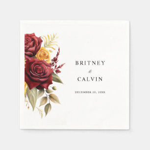 Burgundy Red Yellow Roses Floral Elegant Wedding Napkin