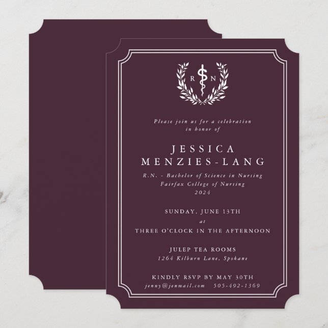 Burgundy Registered Nurse Asclepius Graduation Invitation (Front/Back)