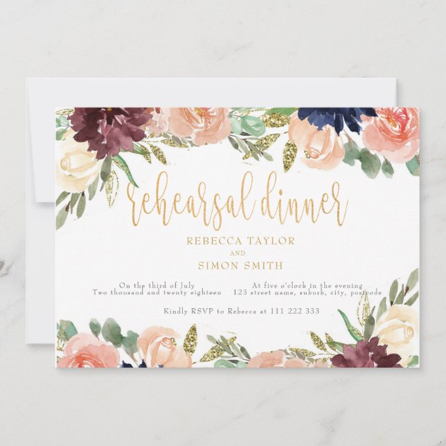Burgundy Rehearsal Dinner Floral Landscape Invitation (Front)