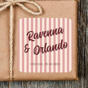 Burgundy Retro Blush Pink Stripes Wedding Square Sticker