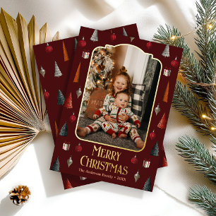 Burgundy Retro Christmas Family Photo Foil Holiday Card