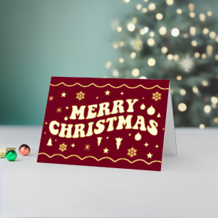 Burgundy Retro Groovy Merry Christmas Foil Holiday Card
