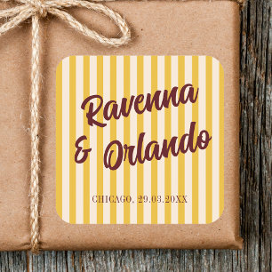 Burgundy Retro Muted Peach Stripe Wedding Square Sticker