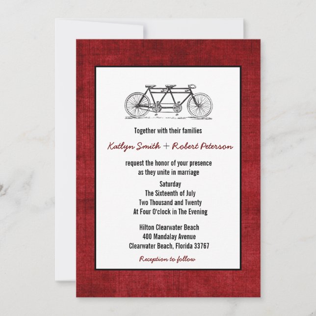Burgundy Retro Tandem Bicycle Wedding Invitation (Front)