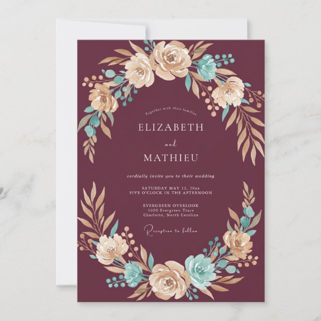 Burgundy Rich Teal Botanical Wedding Invitation (Front)
